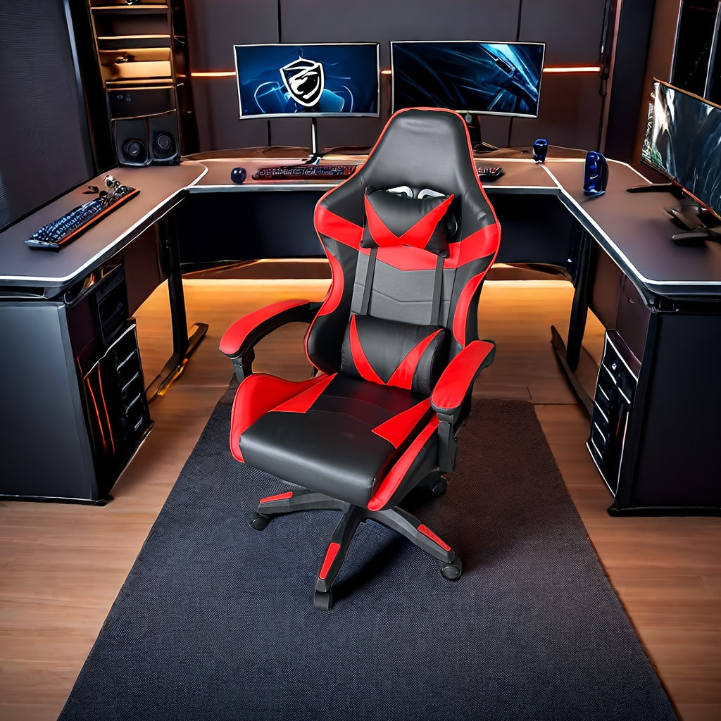 Ergonomic gaming chair with headrest and lumbar support, adjustable height and back tilt, 360° swivel, iron frame and sponge filling, plastic material with casters, handle-operated