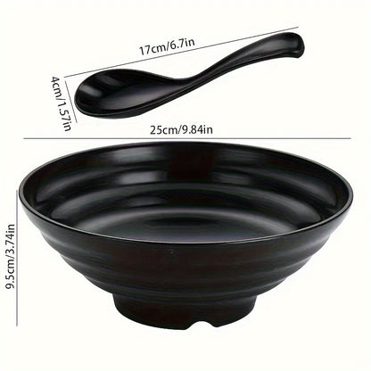 Large ramen bowl with spoon, Japanese-style, BPA-free, microwave and dishwasher safe. Perfect for home, kitchen, restaurants.