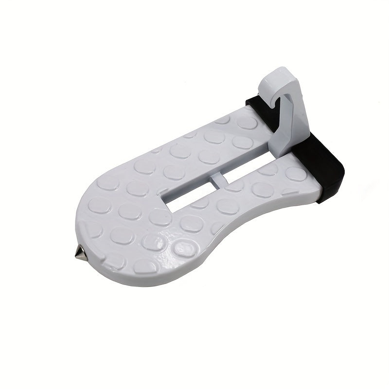 Foldable car door step with safety hammer and anti-skid wheel made of durable aluminum alloy, also functions as a roof rack hook.