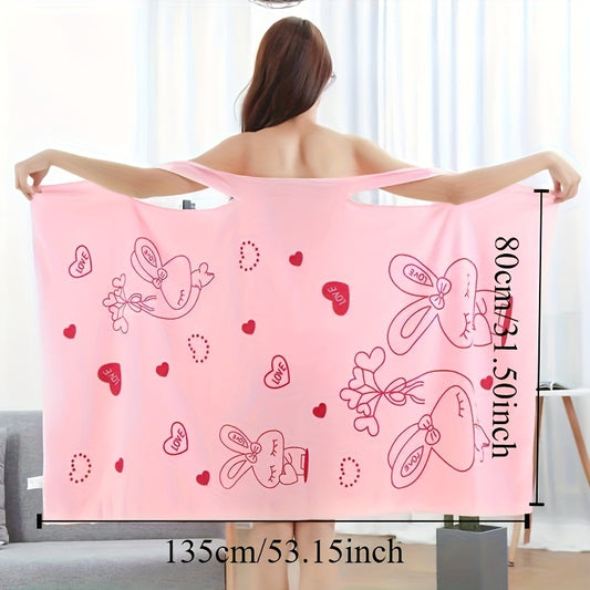 Cartoon rabbit love bath towel for women, with chest sling for easy wear. Made of fade-resistant, absorbent polyester. Soft, quick-dry, and contemporary style.