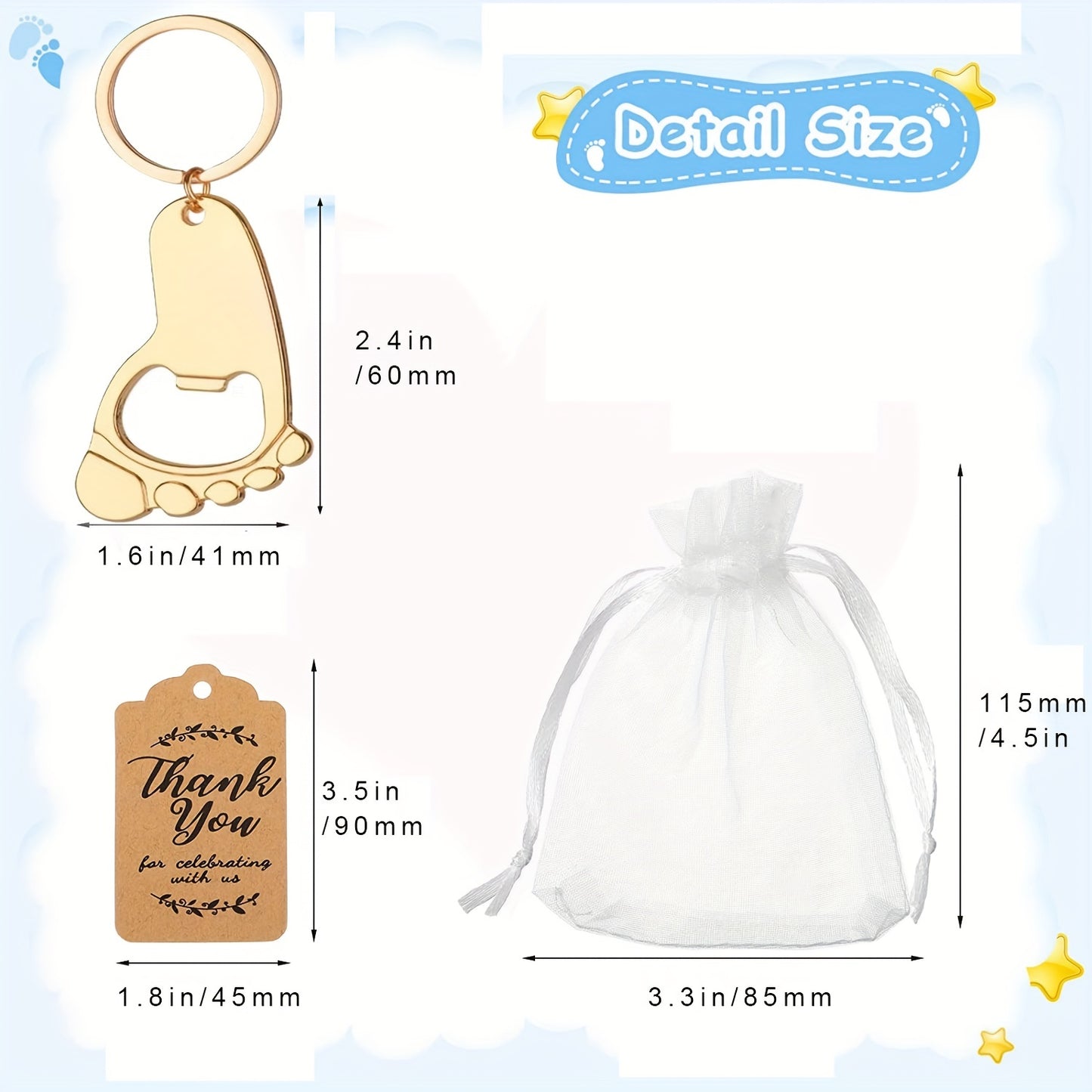 Set of 10 Footprint Keychain Bottle Opener Shower Favors with Organza Bag, thank you tag, and 30CM string