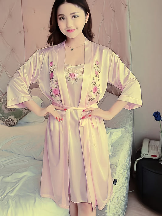 Stylish satin nightgown set with suspenders for women in 2-piece design.