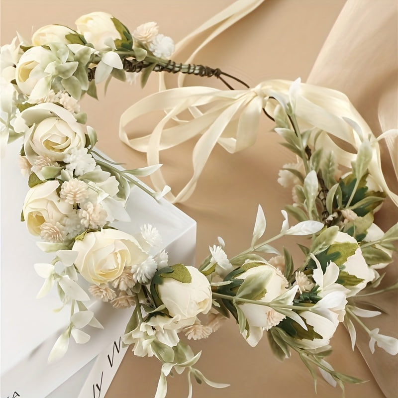 1 piece of women's flower headband featuring artificial wreath, boho hair band, wedding bridal flower crown with ribbon, and simulation floral garland for wedding party.