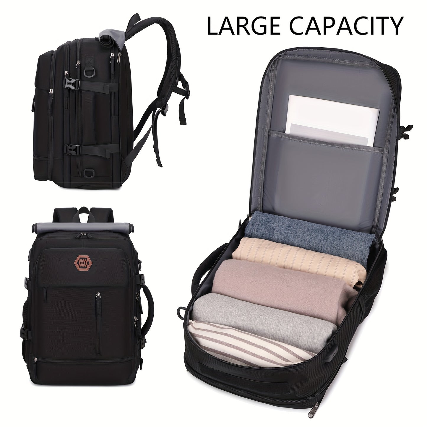 Large, durable backpack with shoe compartment, USB port, and 17-inch laptop compartment, ideal for college or business use.