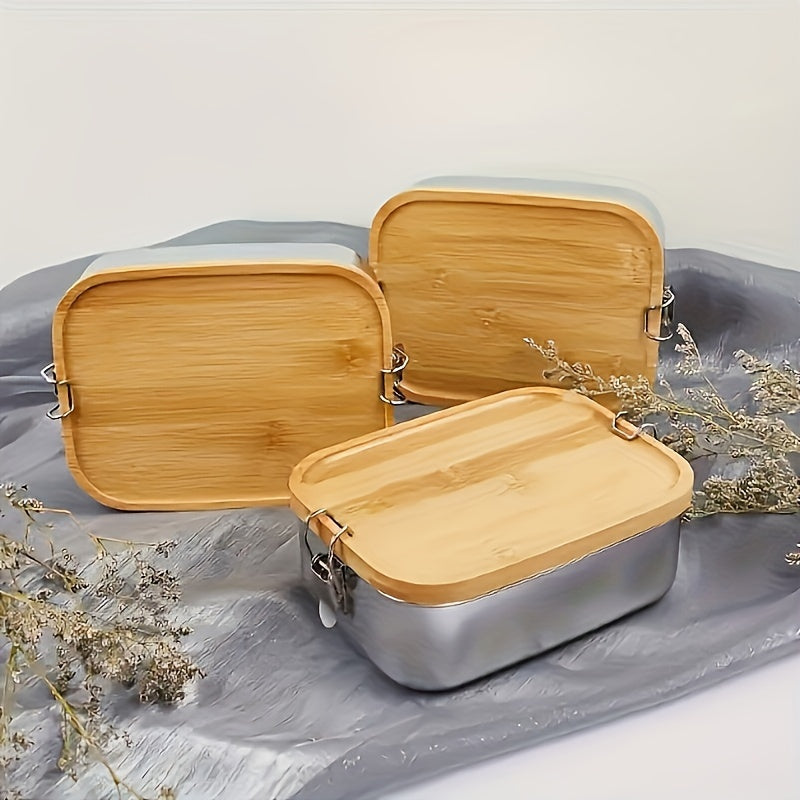 Portable Lunch and Snack Food Container - Bamboo Lid Stainless Steel Bento Box