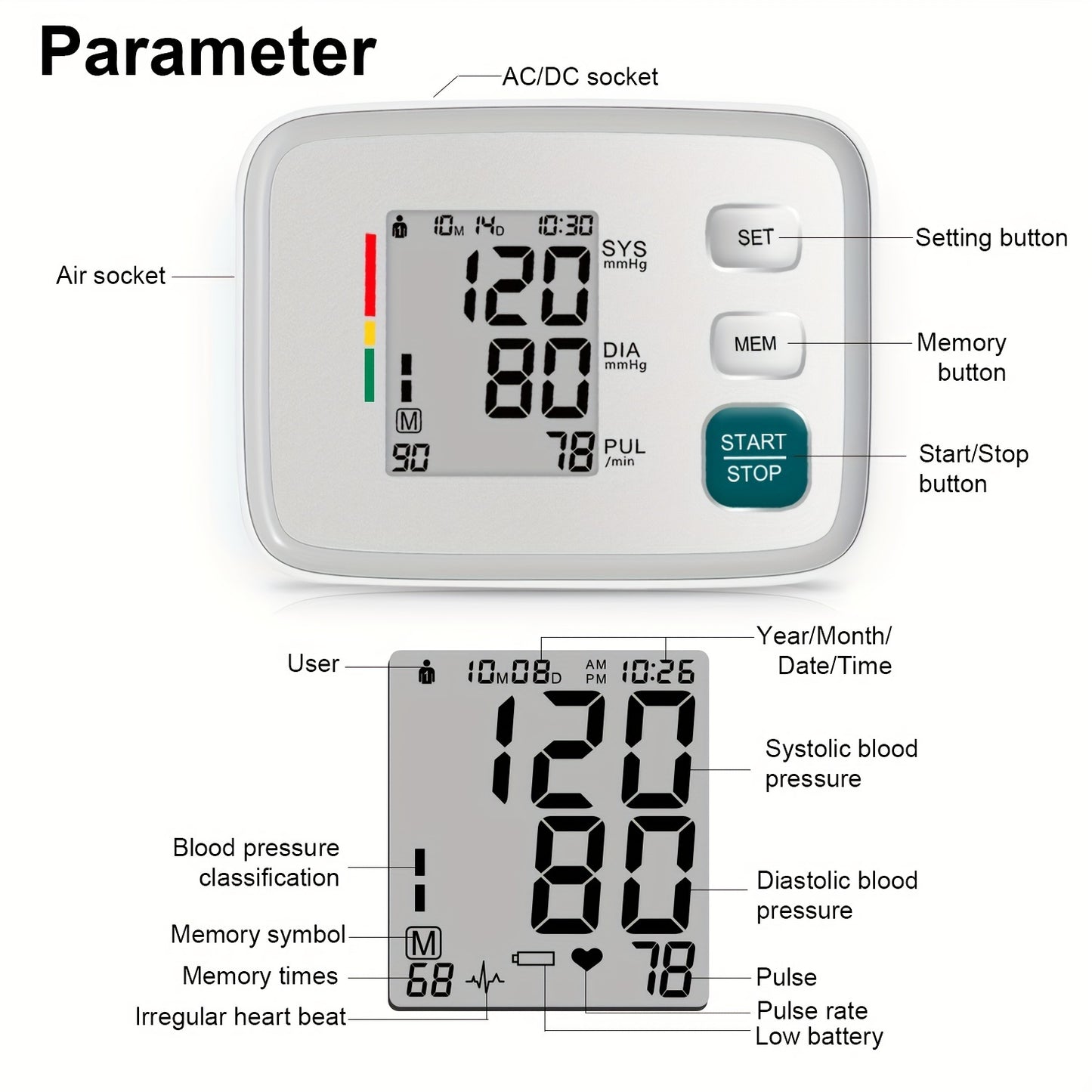 Digital home blood pressure monitor with automatic upper arm cuff that fits 22.1-43.18 cm.