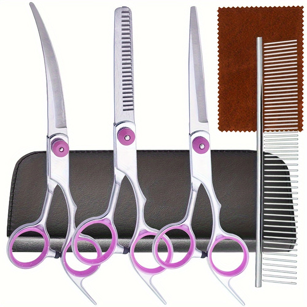 Professional 5-in-1 grooming kit for dogs and cats, includes curved shears, comb, and trimming tools.