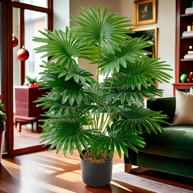 1 Artificial Palm Plant in Gray Pot suitable for indoor/outdoor use, including weddings, hotels, gardens, patios, and photography. Made of durable plastic with no need for batteries