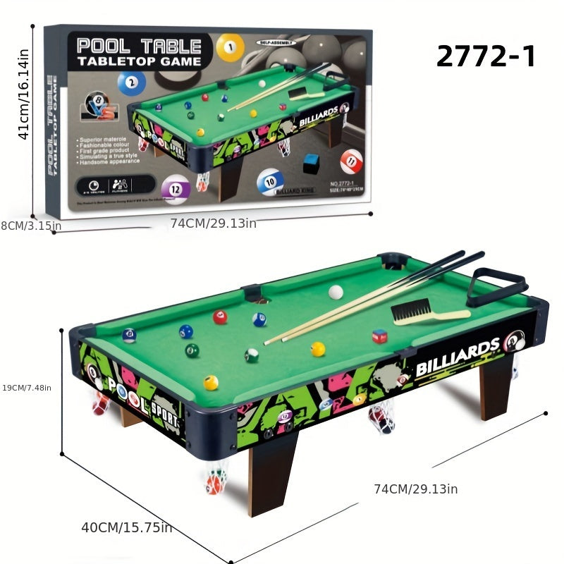 3 sizes of self-assembled pool tables with cues and 15 balls. Ideal for multiple players, made with a wooden frame for indoor fun.