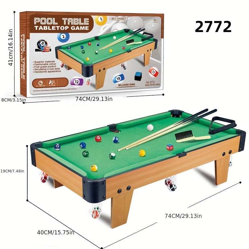 3 sizes of self-assembled pool tables with cues and 15 balls. Ideal for multiple players, made with a wooden frame for indoor fun.