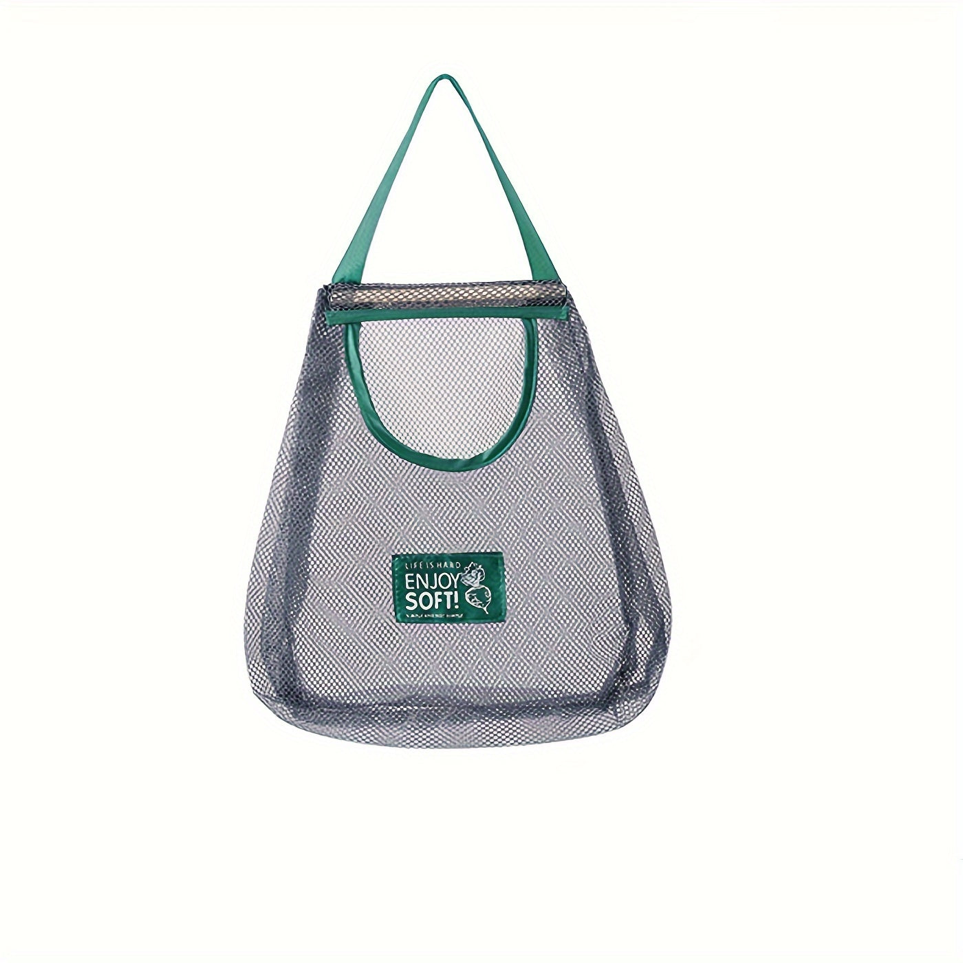 One piece of a mesh hanging bag ideal for storing a variety of items, including garlic, ginger, onion, fruits, and vegetables. This breathable and hangable bag is a versatile storage solution for your kitchen supplies.