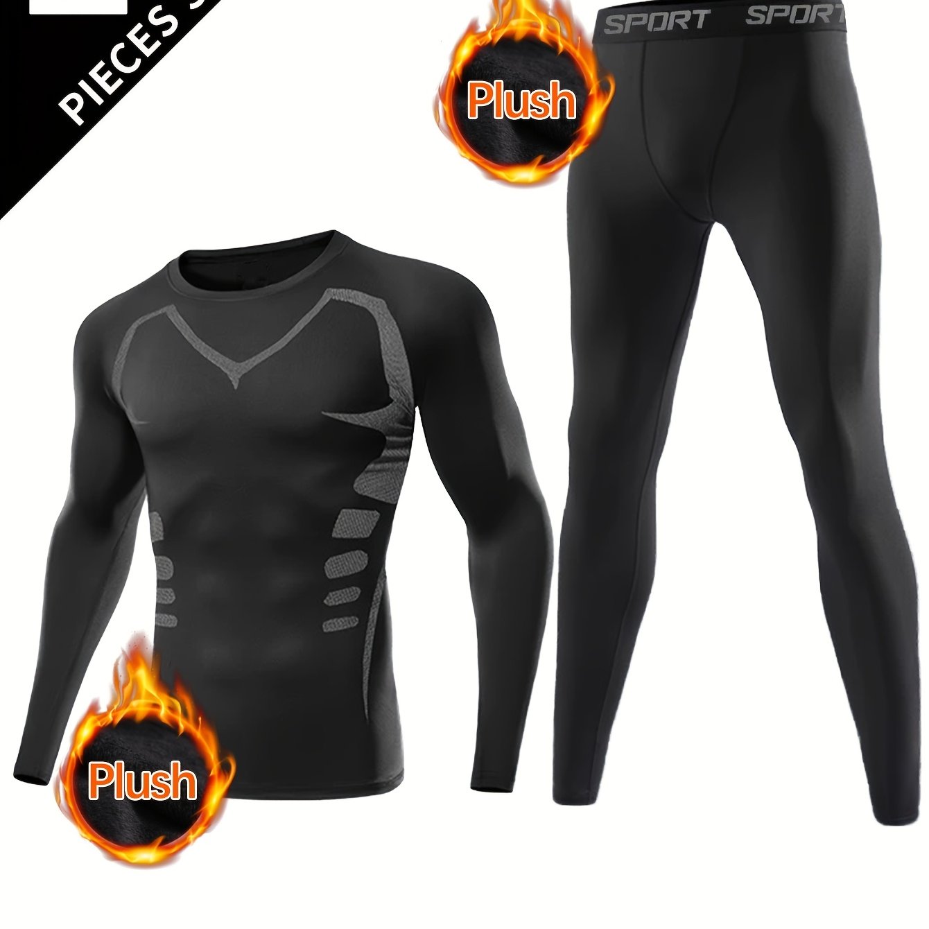 Men's thermal fleece compression shirt and leggings set, ideal for winter sports and outdoor activities, featuring a round neck long sleeve top and tight-fit pants.