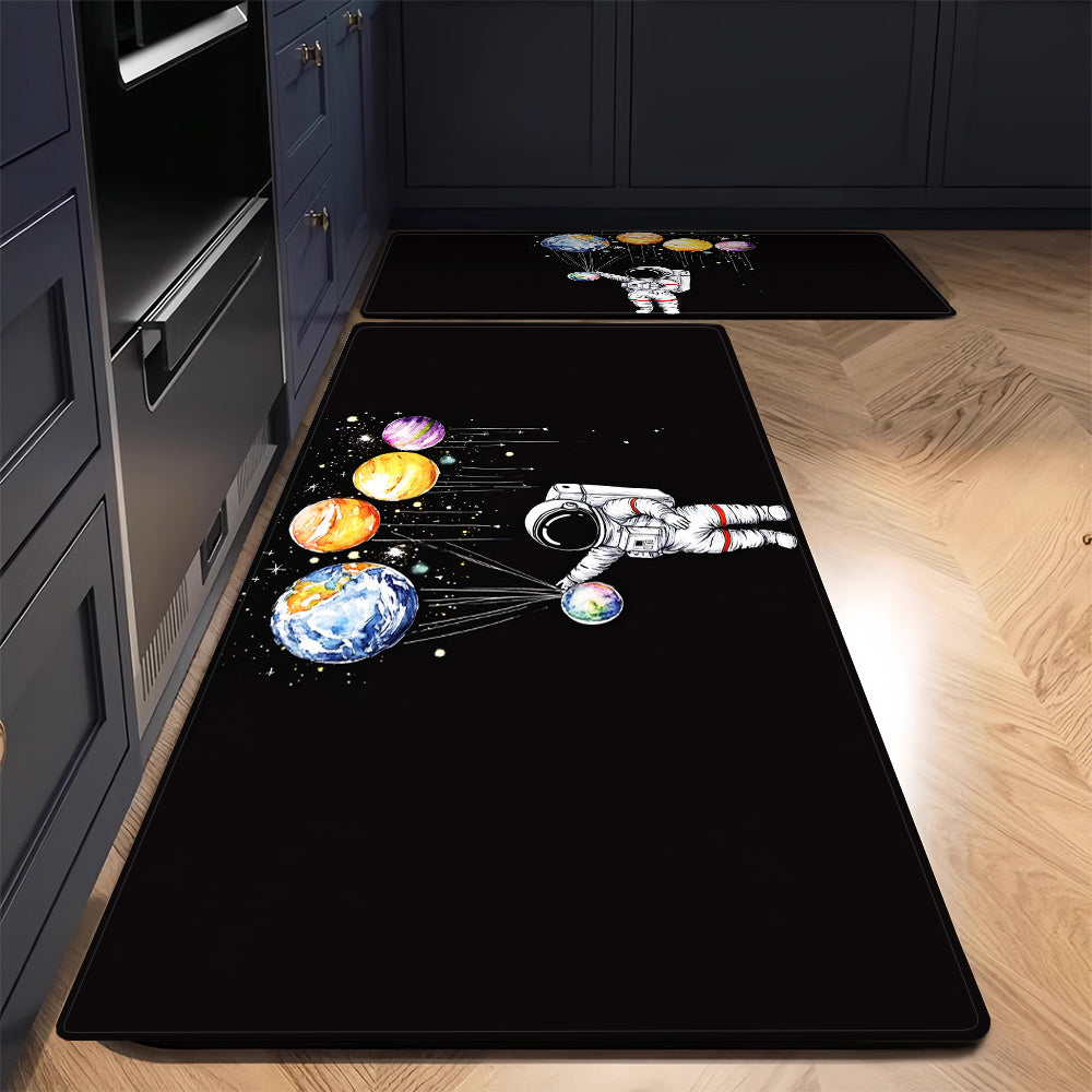 Get your hands on this 1pc Space-Themed Non-Slip Kitchen Mat featuring an Astronaut & Planets design. Made of waterproof, oil-resistant, and easy to clean polyester, this floor mat is perfect for the kitchen, bathroom, or entryway. It's ideal for adding