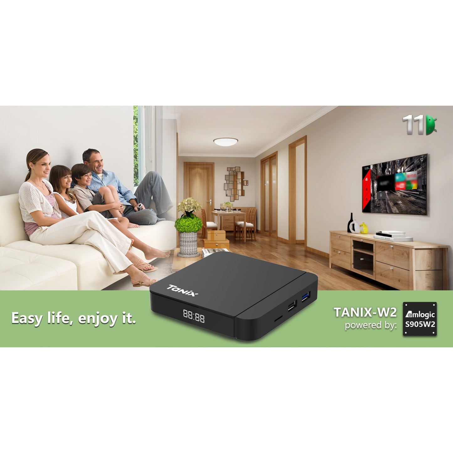 Tanix W2 Smart TV Box with Amlogic S905W2 and Android 11.0, available in different memory configurations for 4K video playback with Bluetooth and dual-band WiFi.