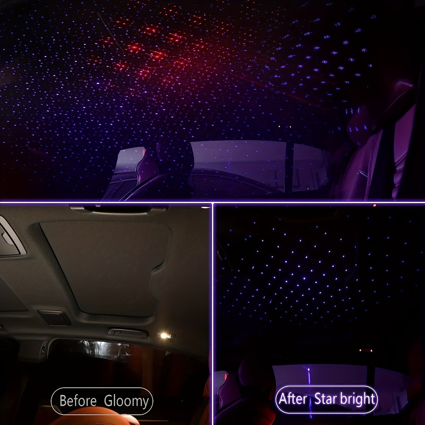 Star projector night light for car roof or interior, adjustable and romantic, USB-powered for portability in car, ceiling, or bedroom.