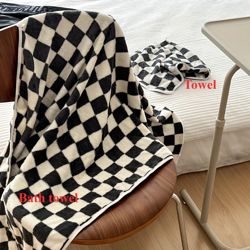 Soft skin face towel in checkerboard pattern, absorbent and comfortable for bathroom, gym, and kitchen.