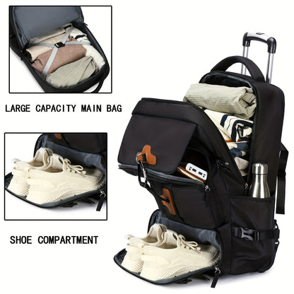 Rolling backpack for 17-inch laptop with shoe compartment for men and women. Suitable for business and school.