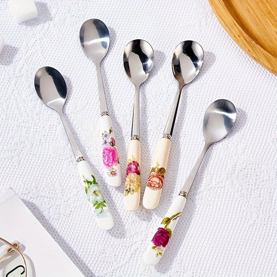 Set of 6 OUKEAI Floral Ceramic Handle Coffee Spoons with Stainless Steel - Ideal for Stirring, Sweetening, Scooping Ice Cream & Soups - Stylish Kitchen and Dining Utensils featuring Rose, Pearl, and Lace Patterns