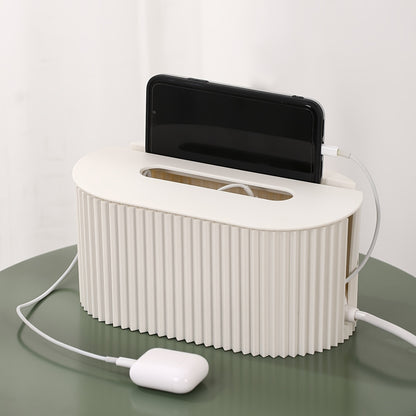 Stylish cord organizer box with lid to hide power strips and cables, ideal for desktop organization.