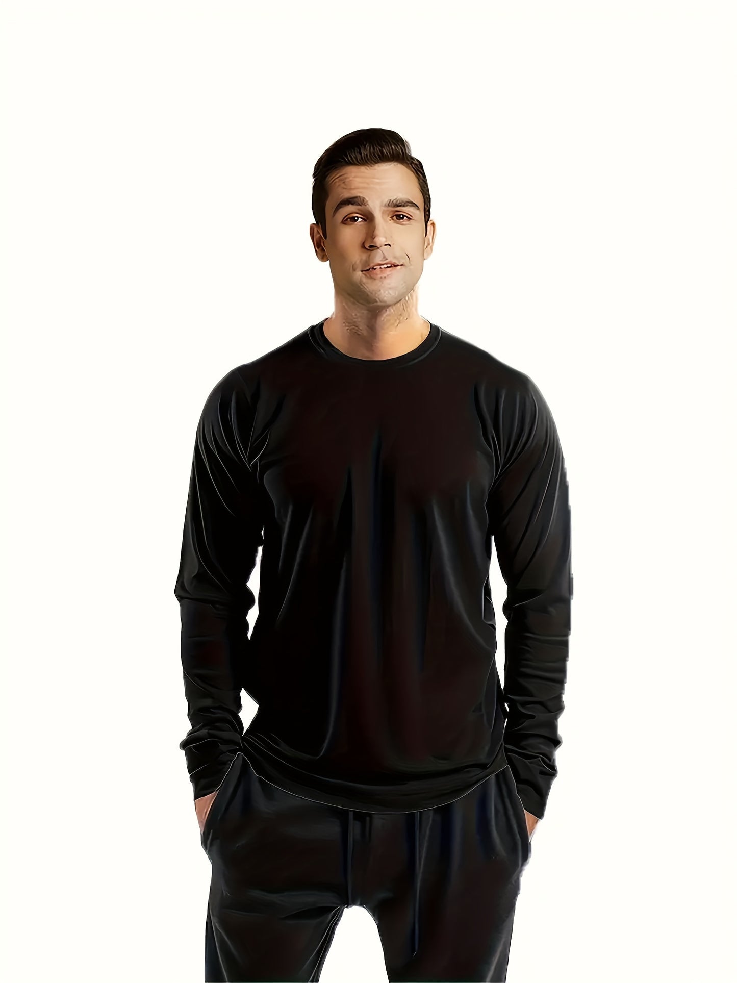 5-Pack Men's Athletic Long Sleeve Crew Neck Shirts in Deep Red, Military Green, Navy, Black, and Grey. Made of Quick-Dry Polyester Knit Fabric for Running, Workout, and Dining. Regular Fit