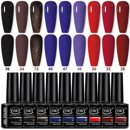 9-bottle gel nail polish set, 0.24 oz each, UV LED long-lasting, alcohol-free, hypoallergenic, formaldehyde-free, liquid form, DIY nail art starter kit.