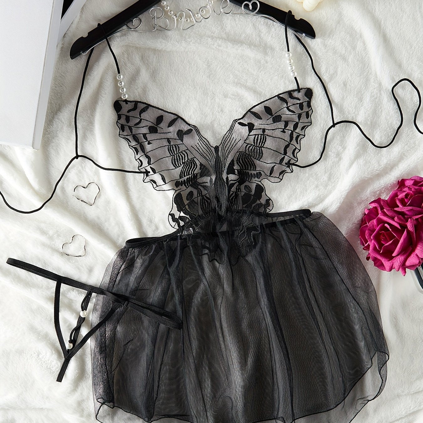 Seductive sheer mesh babydoll dress with butterfly embroidery, lace-up and backless design for women.