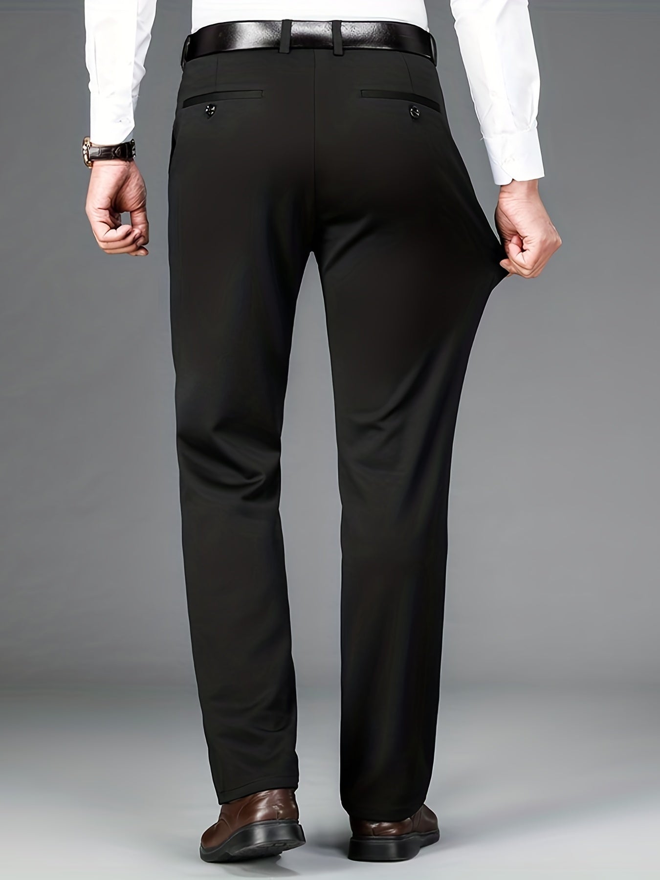 Men's classic design formal dress pants for spring/summer business in solid colors with slight stretch, featuring an old money style.