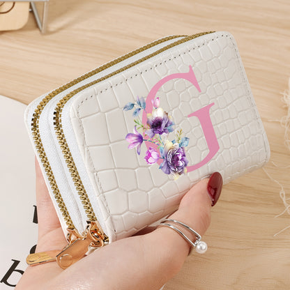 Stylish women's crocodile pattern wallet with "P" design, double zipper handbag in black, white, and pink. Fashionable coin purse for travel and daily use, school accessory with a textured