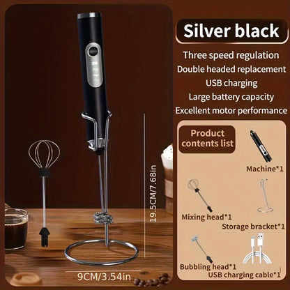 Portable USB rechargeable milk frother and coffee maker with automatic function, whisk attachment, and 1200mAh battery. Comes with measuring spoon and cup. Perfect for use at home or when traveling.