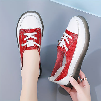 Women's Genuine Synthetic Leather Sneakers in White, Red, and Black options. Lightweight, non-slip, soft sole for all-season casual wear. Classic lace-up design with durable PVC sole.