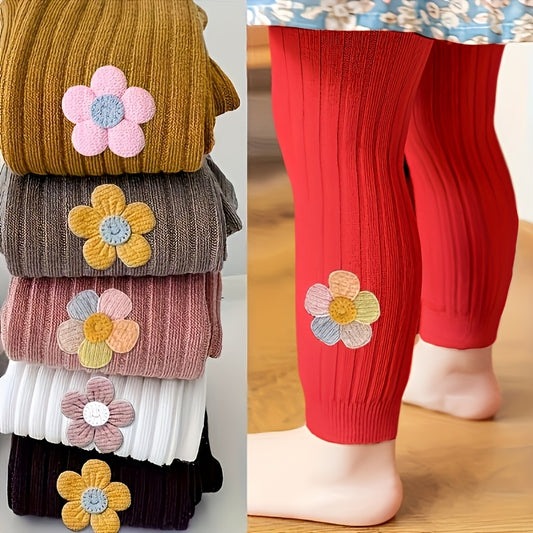 1 Pair of Girl's Floret Pantyhose, Solid Knitted Base Layer Leggings for Toddlers