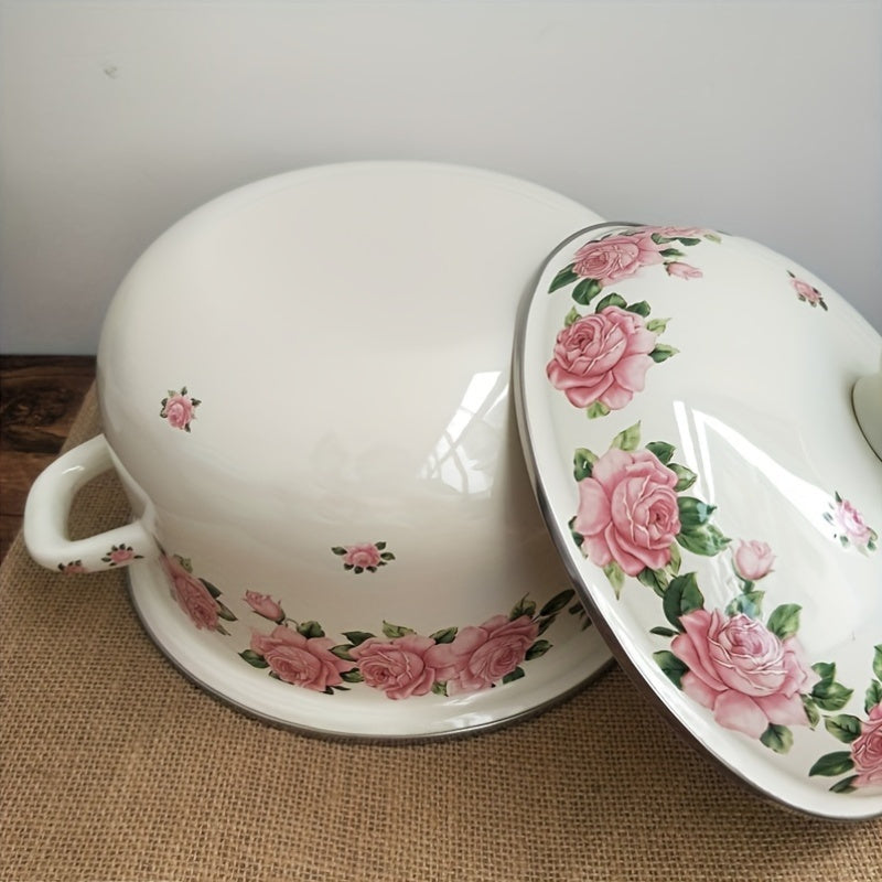 Vintage Floral Pattern Enamel Stockpot with Lid, 20cm, Cooking Pot with Handles - Perfect for Soups, Stews, and Beans! Compatible with Induction and Gas Stoves.