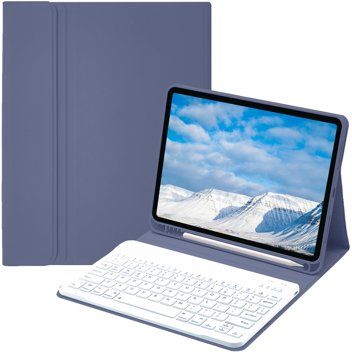 iPad keyboard case compatible with various iPad models, including iPad Air, iPad 5th-10th generation, and iPad Pro 11/12.9 inch, featuring a soft TPU back cover, pen holder, and detachable