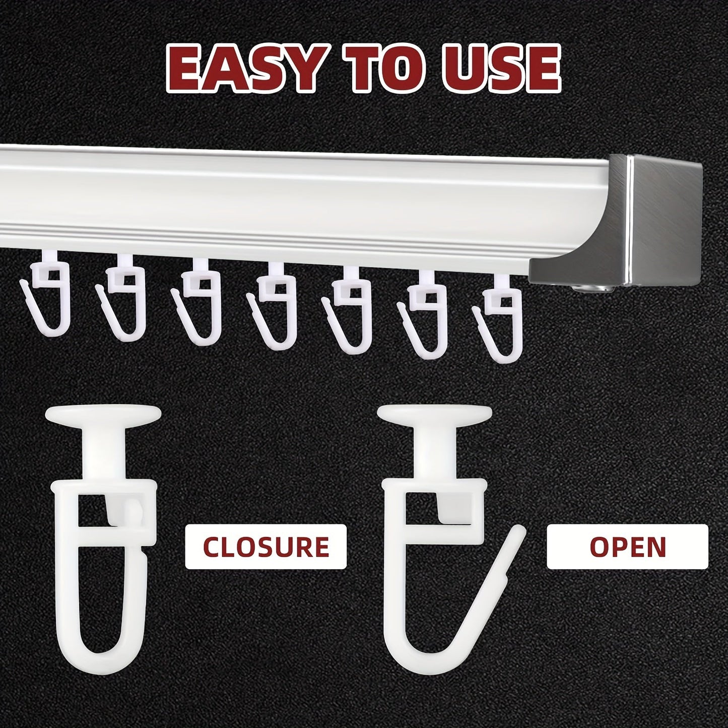 Set of 50 Art Deco Style Plastic Curtain Track Hooks in White Finish, Includes Easy-to-Use Lockable Foldable Gliders for Slide Rails, Compatible with 10mm Head Ceiling Curtain Tracks.