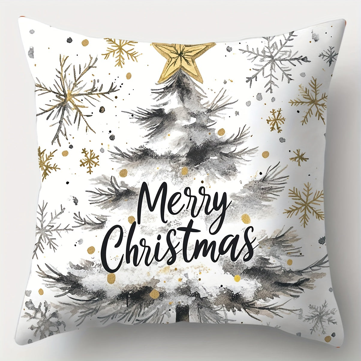 4-Pack Christmas throw pillow covers with festive golden and gray prints featuring snowman, trees, and winter designs. Made of polyester with zipper closure, machine washable. Ideal for living room decor. Woven pillowcases, pillow core not included.