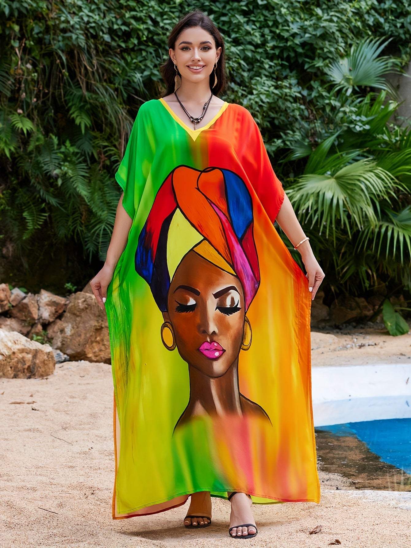 Colorful Boho Chic Kaftan Beach Cover-Up for Women - Loose Fit with Side Slits, Sun Protection, Easy to Wash