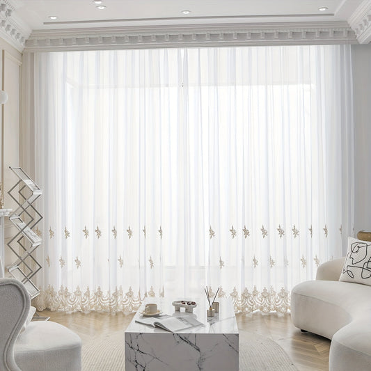 Beautiful French-style sheer curtain with delicate embroidery, featuring small flowers in a European design. This white translucent curtain is perfect for adding a touch of elegance to your living room or bedroom. Complete with a rod pocket for easy