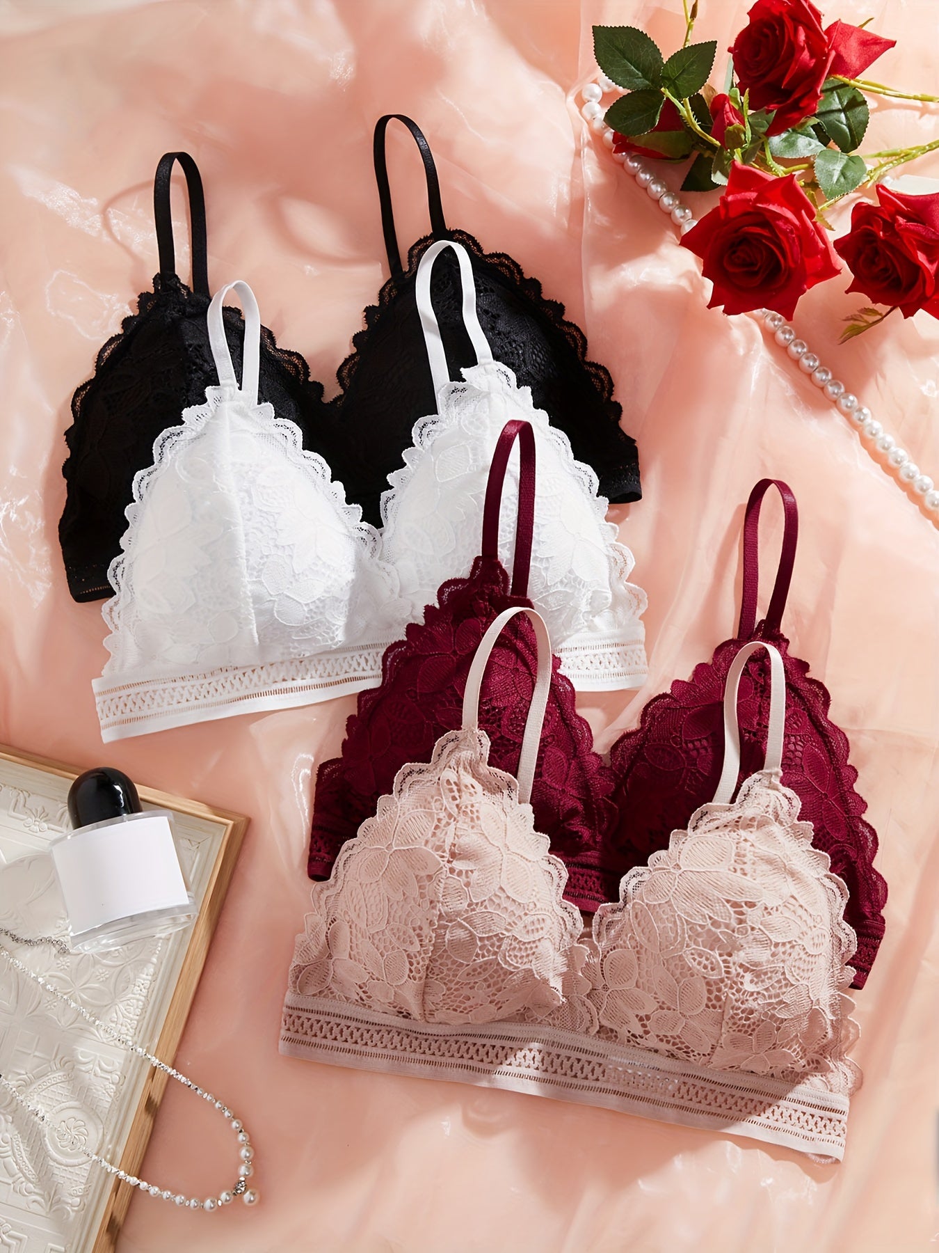 Sexy lace push-up bras without steel rings, with chest pads, beautiful backs, and comfortable fit, sold in a 4-pack.