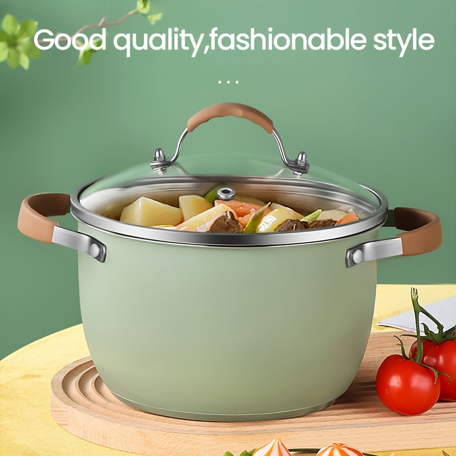 A set of two Stainless Steel Cooking Pots, featuring a Silicone Double Ear design for easy handling. The set includes one Pot and one Pot Lid, both equipped with Silicone Handles and Rivet Reinforcement for added durability. These pots are designed to be