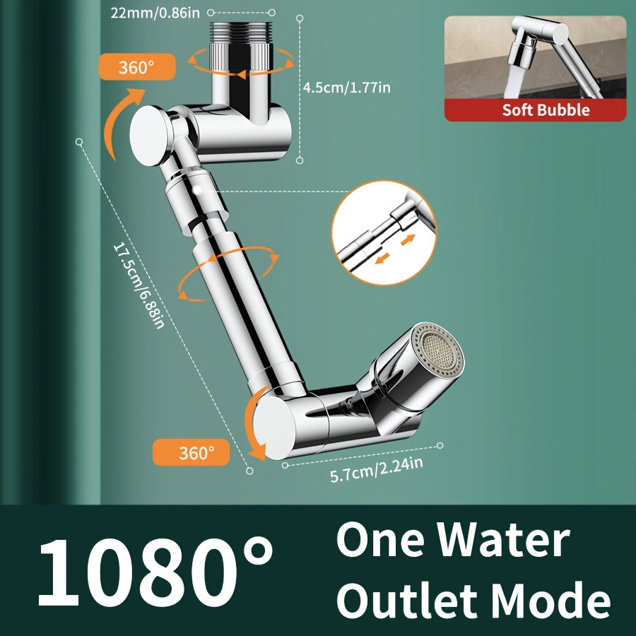 Universal rotating faucet made of 304 stainless steel with a 360° rotation tap, two water adjustment modes, splash-proof, and comes with two 60cm explosion-proof inlet hoses.