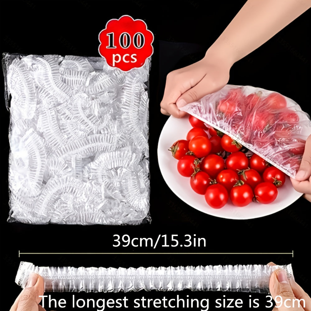 50-100 pieces of disposable fresh-keeping covers made of plastic for use in storing food. These covers are elastic and can be used to cover various storage containers in the kitchen or outdoors during picnics and camping trips.