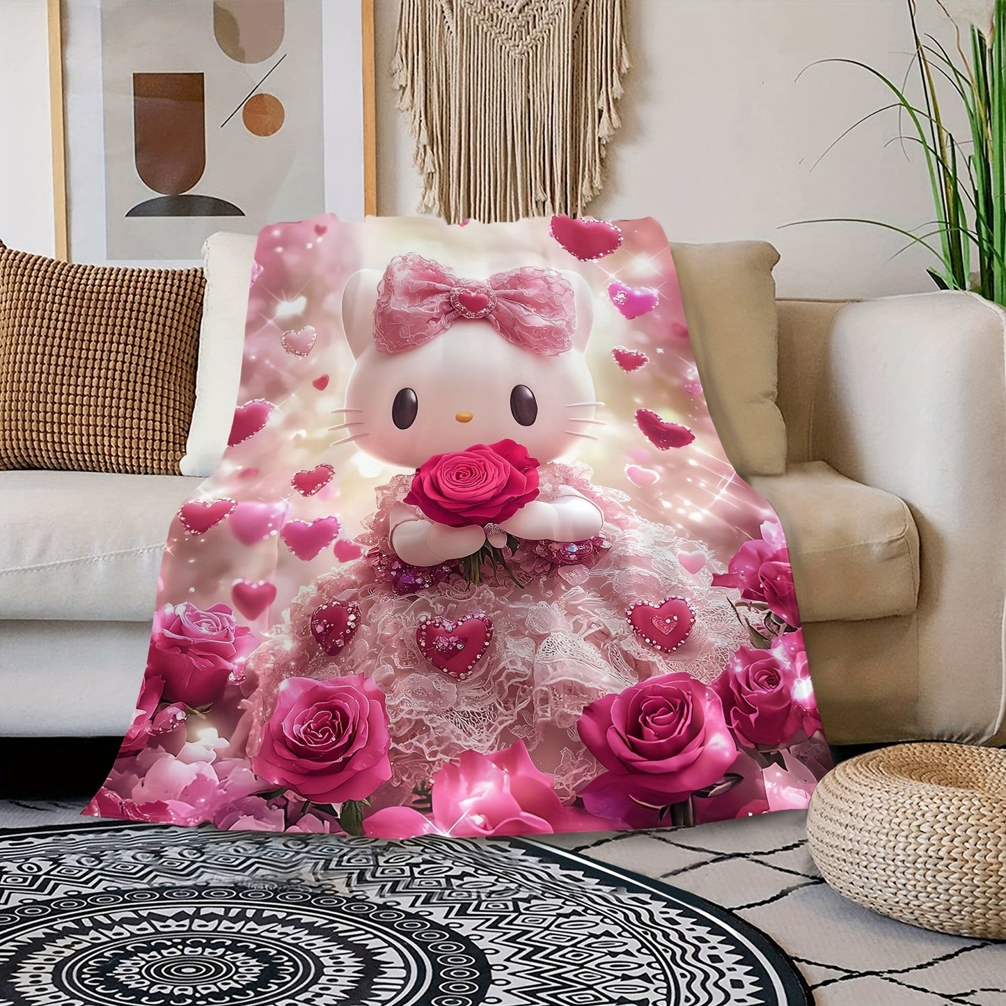 Get cozy with the Sanrio Hello Kitty Print Throw Blanket! This soft and lightweight blanket is perfect for snuggling up on the couch, sofa, bed, or even while traveling or camping. It's the ideal size for throwing over a chair and is perfect for use all