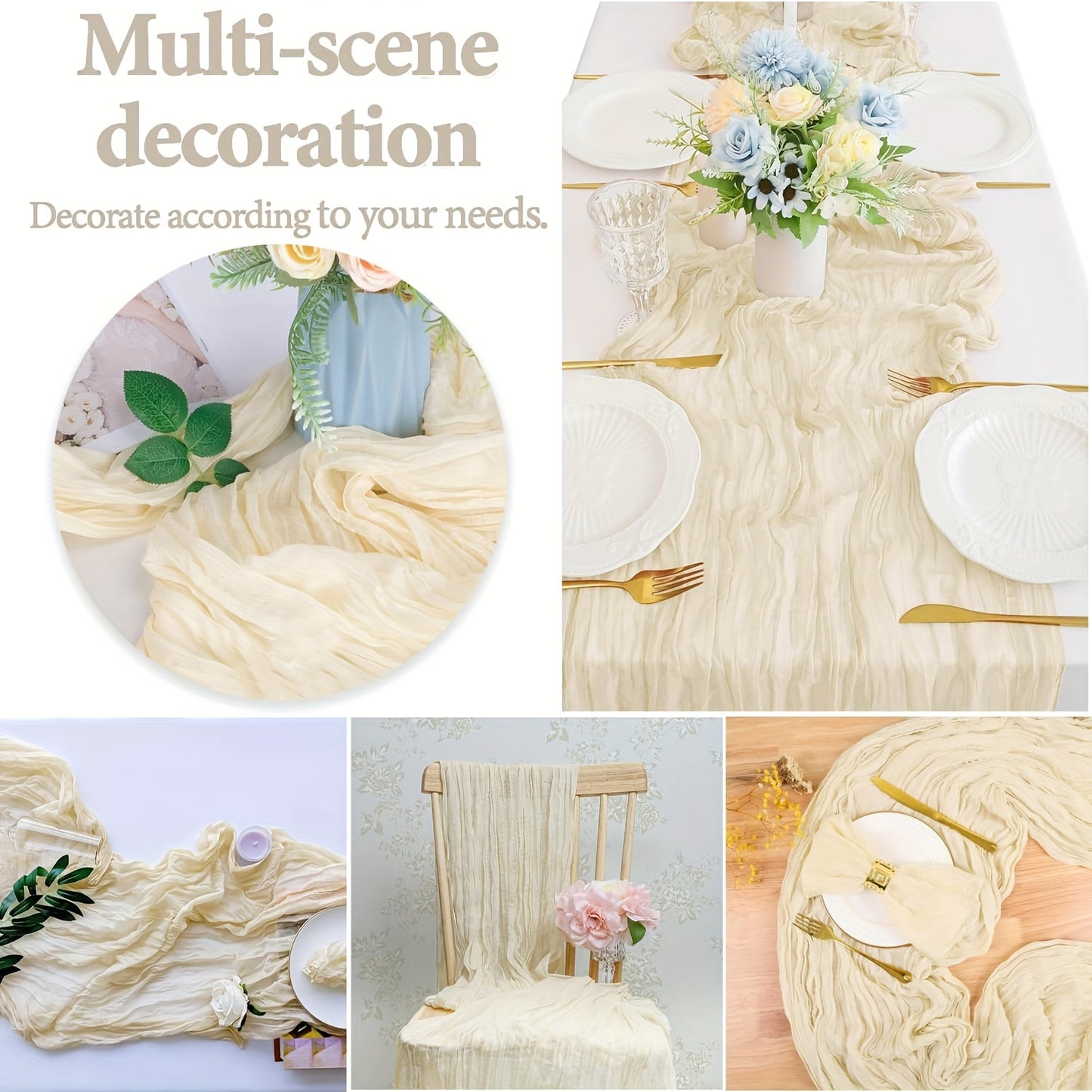 Polyester crinkle table runner for rustic wedding decor.