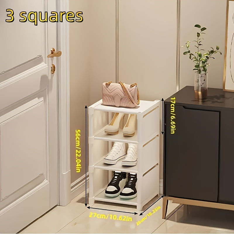 Tall narrow shoe rack designed for front door or closet entrance, made of durable metal with 7 shelves to store 4-7 pairs of shoes or boots. Stackable design saves space.