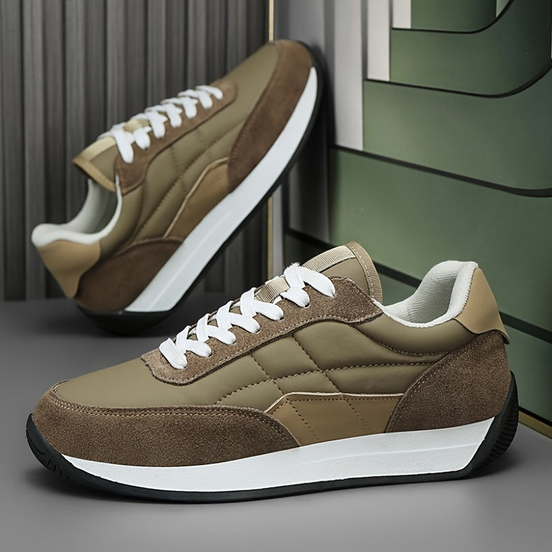 Stylish thick-soled olive green running sneakers with white accents, suitable for all seasons.