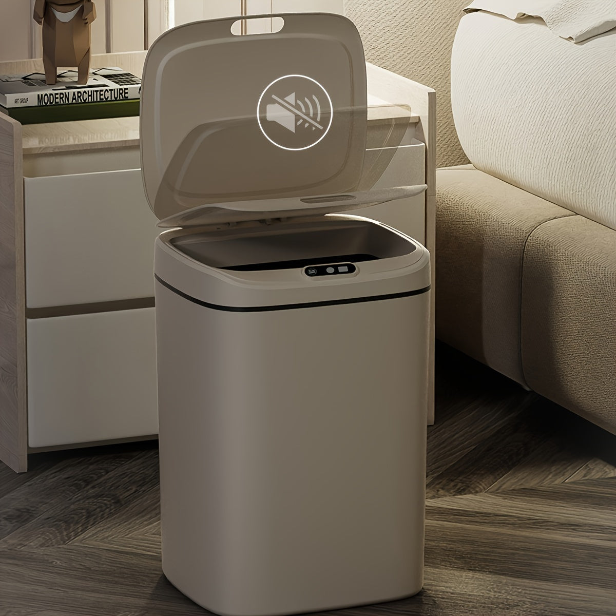 Smart detector trash can with quiet close and odor-proof; multiple capacity options for various rooms; battery operated (AA), batteries not included.