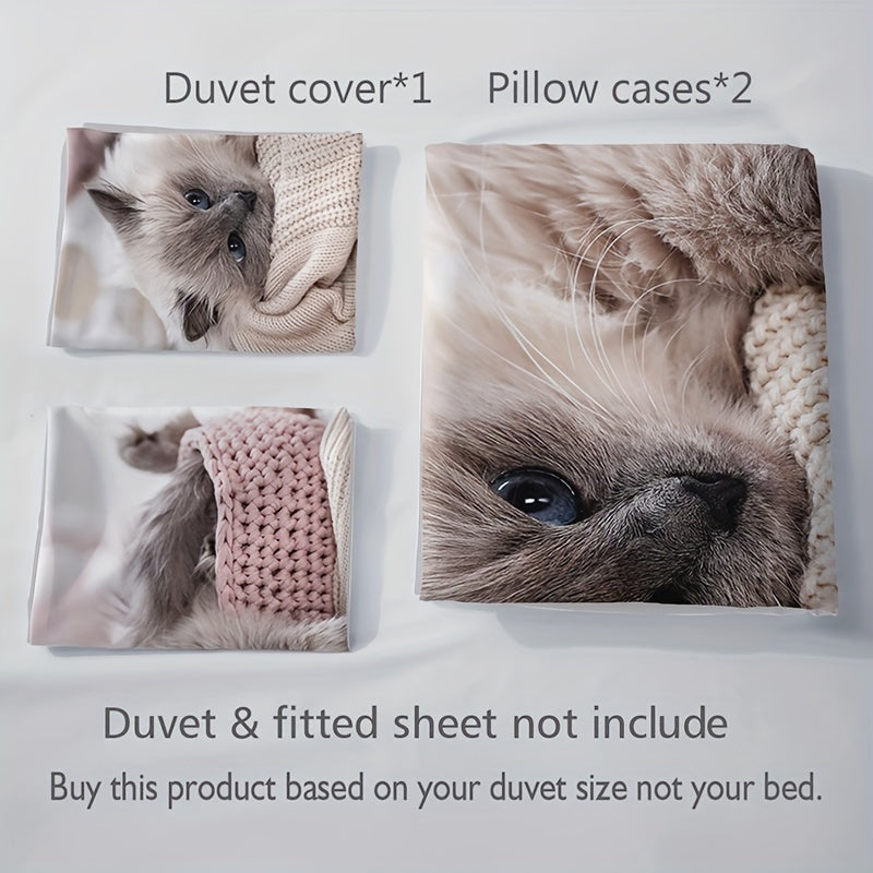 Polyester Duvet Cover Set with 3 Pieces (1 Duvet Cover and 2 Pillowcases, Core Not Included). Featuring a Stylish and Adorable 3D Cat Print, this All Season Bedding Set is both Fashionable and Comfortable. Perfect for Bedroom or Guest Room Use.