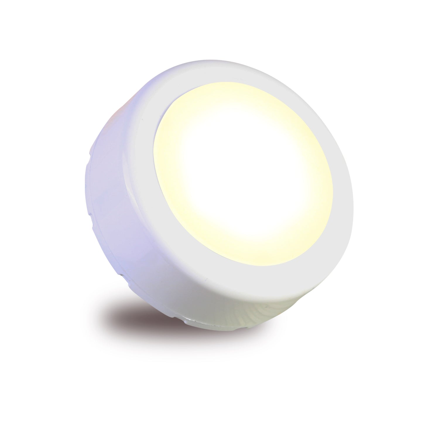 LED cabinet push lights in warm light, available in sets of 1, 3, 4, or 6. Requires 3 AAA batteries (not included). Ideal for kitchen, closet, cupboard, and counter lighting.