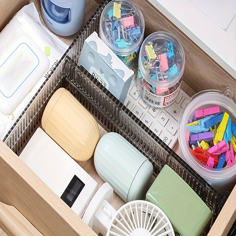 8 adjustable drawer dividers for organizing underwear and socks. Made of durable plastic with expandable grids.