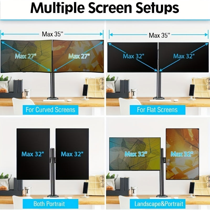 Adjustable dual-monitor desktop stand with clamp design and iron construction for office use.